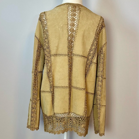 Vintage Rare SMH Women's Tan Suede Crochet-Trim Button Front Jacket - Picture 2 of 8